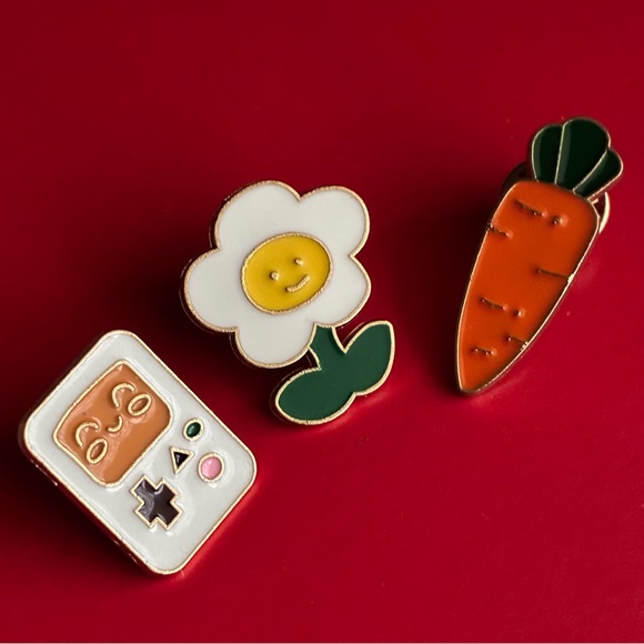 Playful Enamel Pin Set with Flower, Carrot, and Console - Picture 2 of 10